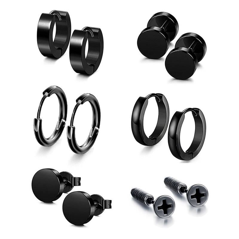 Street Fashion Earrings - ต่างหูสแตนเลสไทเทเนียมสไตล์พังก์สำหรับผู้ชาย 1 ชิ้น รูปทรงกลมสีดำ ดีไซน์เรียบง่าย แบบห่วงห้อย