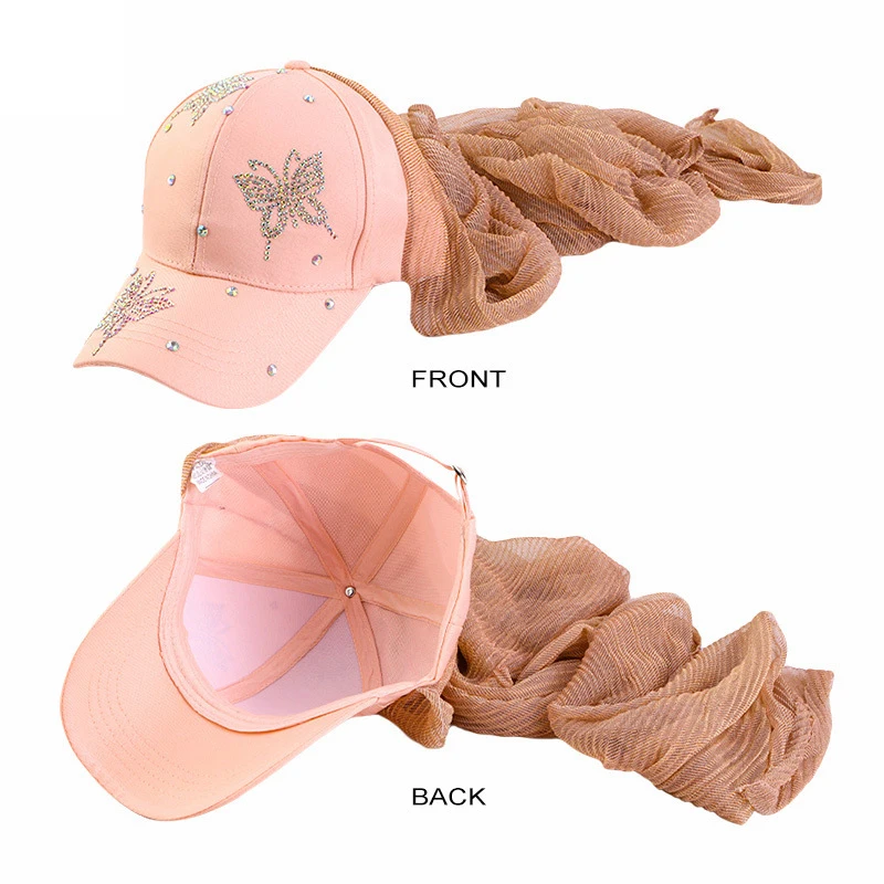Baseball Cap Fitted - หมวกฮิญาบสำหรับผู้หญิงมุสลิม พร้อมหมวกแก๊ปเบสบอลประดับเพชร ผีเสื้อ หมวกกีฬาฤดูร้อนพร้อมฮิญาบ พร้อมสวมใส่ ฮิญาบกีฬาสำเร็จรูปสำหรับฤดูร้อน