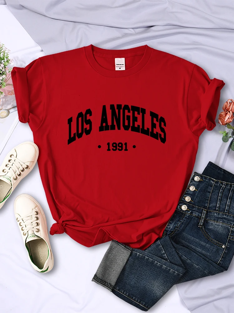Street Fashion Usa - Los Angels 1991เสื้อยืดผู้หญิงพิมพ์ลายตัวหนังสือเสื้อยืดสตรีทฤดูร้อนเสื้อยืดแขนลำลองขาสั้นแบบเรียบง่ายระบายอากาศได้ดี