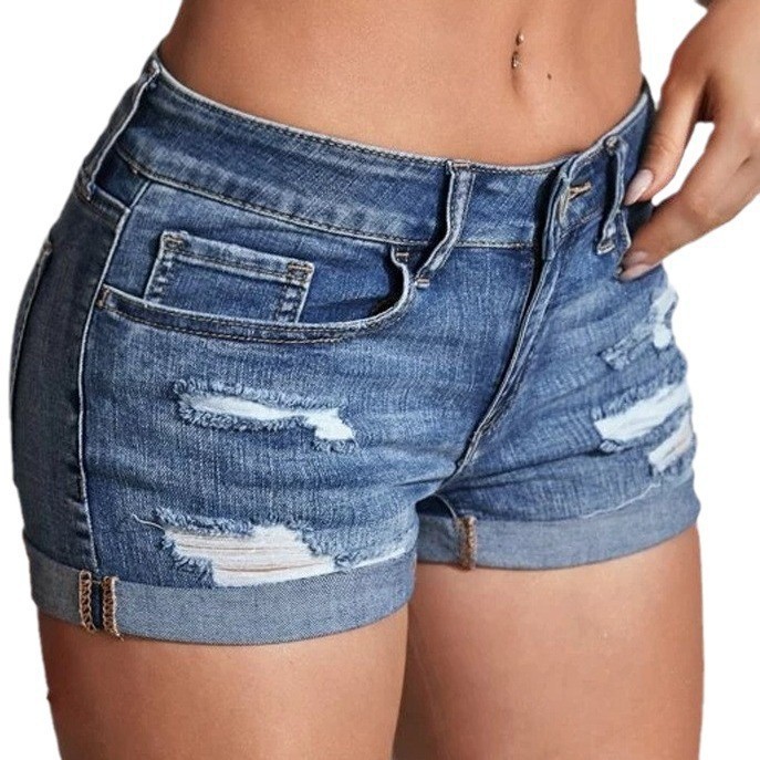Distressed Jean Rip - กางเกงยีนส์ขาสั้นเอวสูงทรงสกินนี่ขาดๆ แต่งขอบ ขอบขาพับ สีน้ำเงิน ปิดกระดุม ทรงลำลอง