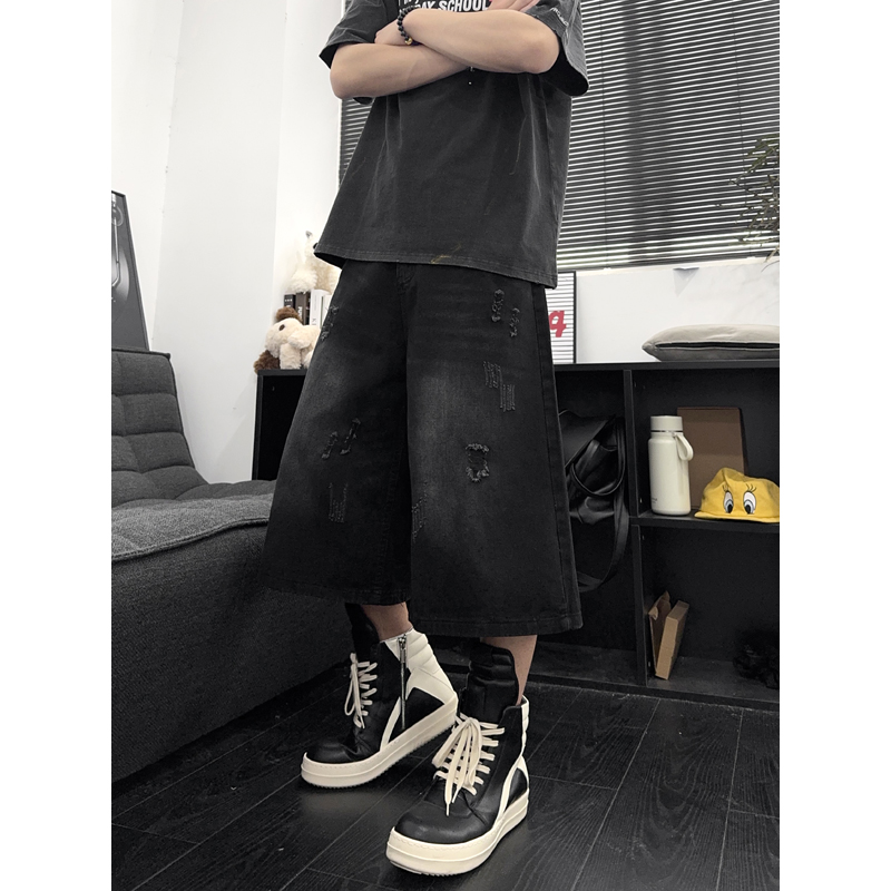 Distressed Jean Rip - กางเกงยีนส์ขาสั้นทรงตรงสไตล์อเมริกัน unisex แบบหลวมๆ ขาดๆ ซีทรู สำหรับฤดูร้อน