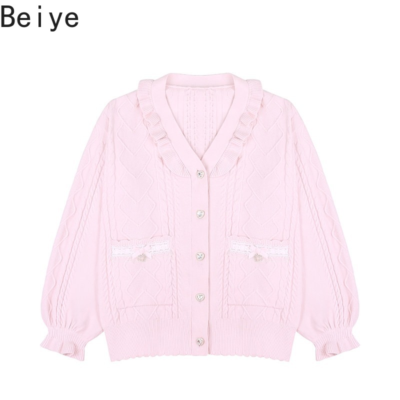 Japanese Street Fashion Female - เสื้อโค้ทสเวตเตอร์แขนยาวทรงหลวมสไตล์หวานสำหรับผู้หญิง คาร์ดิแกนสไตล์เรโทรญี่ปุ่นแท้ เสื้อสเวตเตอร์ถักสีชมพูสไตล์ไฮสตรีท