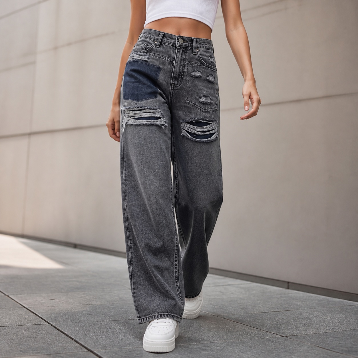 Distressed Jean Rip - กางเกงยีนส์เดนิมทรงหลวมเอวกลางสำหรับผู้หญิง ดีไซน์ขาดรุ่ยพร้อมชายกางเกงรุ่ย ยืดหยุ่น ใส่สบาย เหมาะสำหรับการสวมใส่ในชีวิตประจำวัน