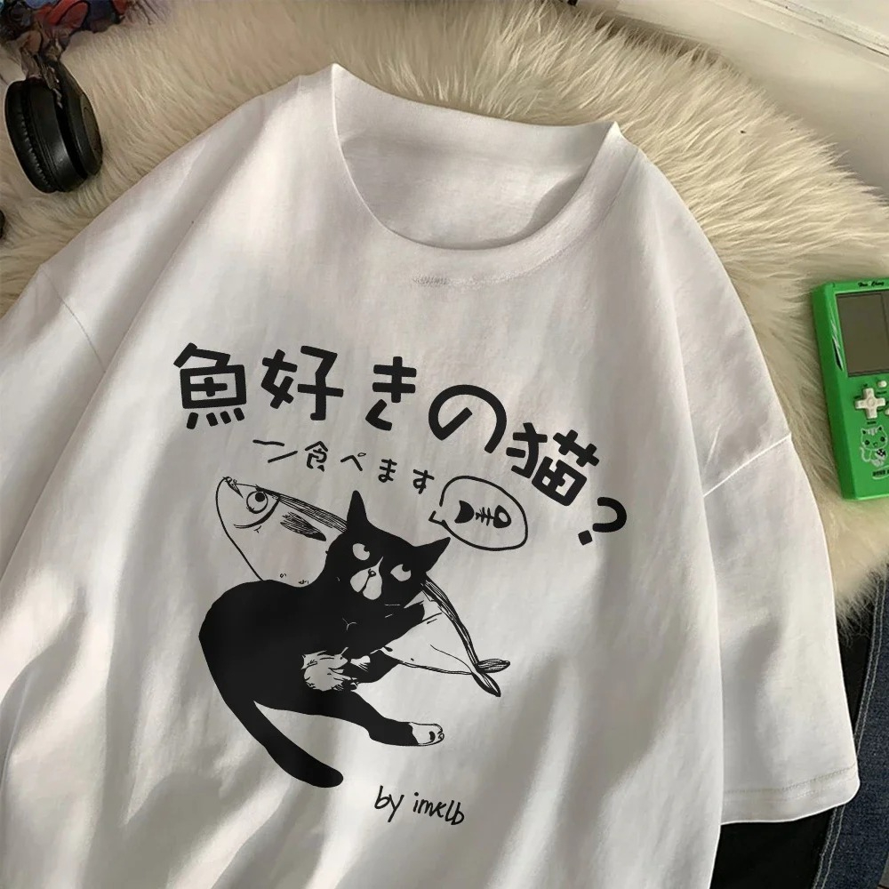 Japanese Street Fashion Female - แฟชั่นผู้หญิงเสื้อยืดสไตล์ญี่ปุ่นแมวกินปลาพิมพ์กราฟิกแขนสั้นคอวีนุ่มเสื้อผ้าสตรีฤดูร้อนสตรีทแวร์