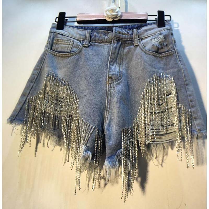 Distressed Jean Rip - กางเกงยีนส์ขาสั้นผู้หญิงปี 2026 แบบขาดรุ่ย แต่งพู่ประดับเพชร เซ็กซี่ ลุคทำสีซีด