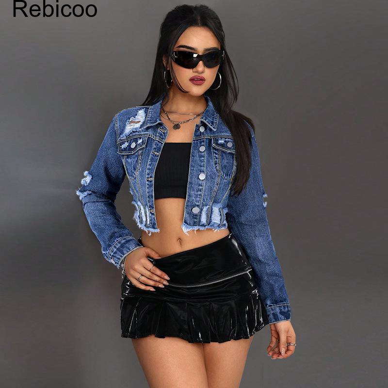 Distressed Jean Rip - เสื้อแจ็คเก็ตยีนส์ครอปแขนยาวสำหรับผู้หญิง ติดกระดุม แต่งขาดสไตล์วินเทจ เสื้อคลุมลำลองแนวสตรีทแวร์