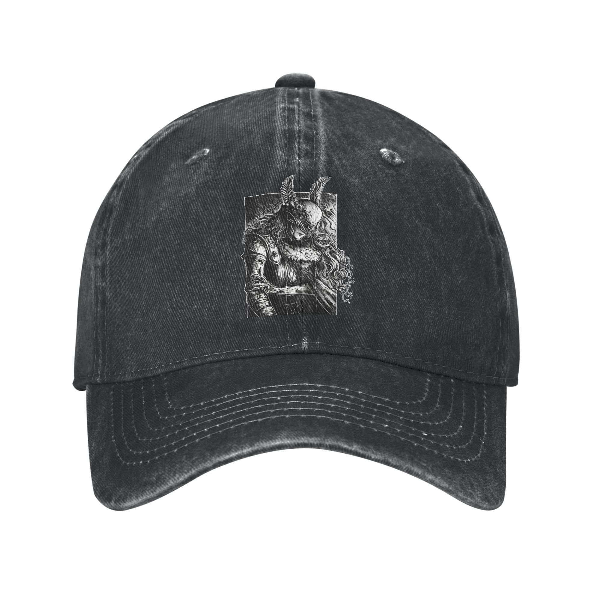 Baseball Cap Fitted - หมวกเบสบอลลายแฟนอาร์ต Eldened Ringed สำหรับชายหญิง ผ้ายีนส์ฟอกสีแบบวินเทจ ปรับขนาดได้