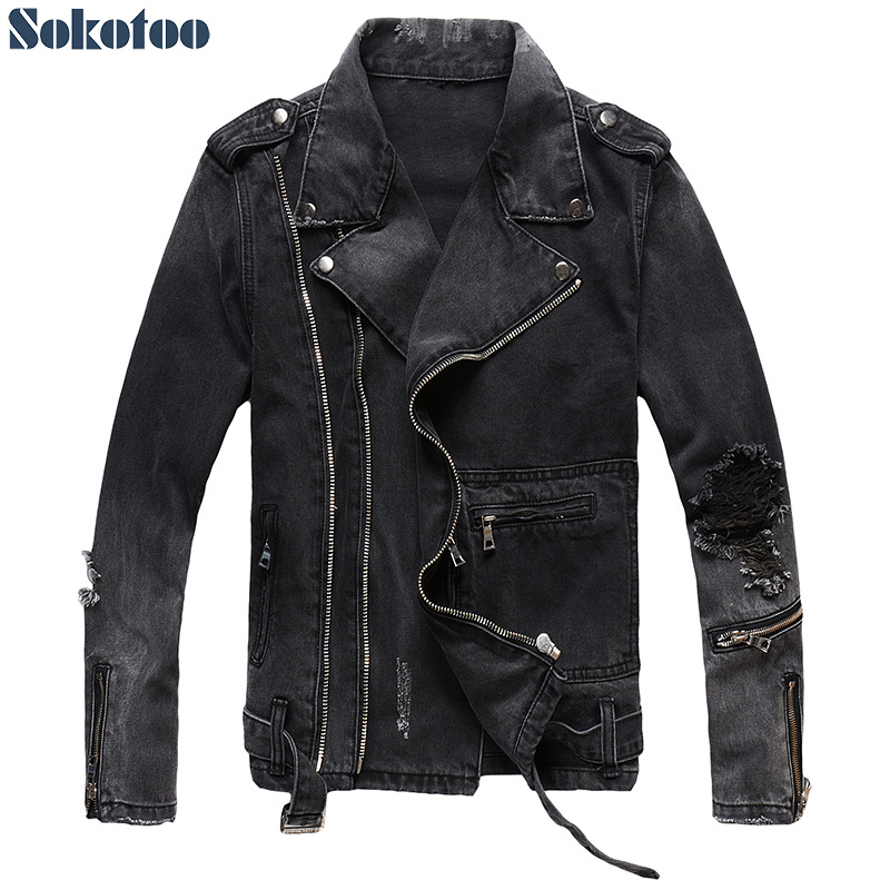 Distressed Jean Rip - Sokotooผู้ชายซิปสีดำDenim Jean Bikerเสื้อแจ็คเก็ตสำหรับรถจักรยานยนต์Vintage EpauletหลุมRippedเสื้อ