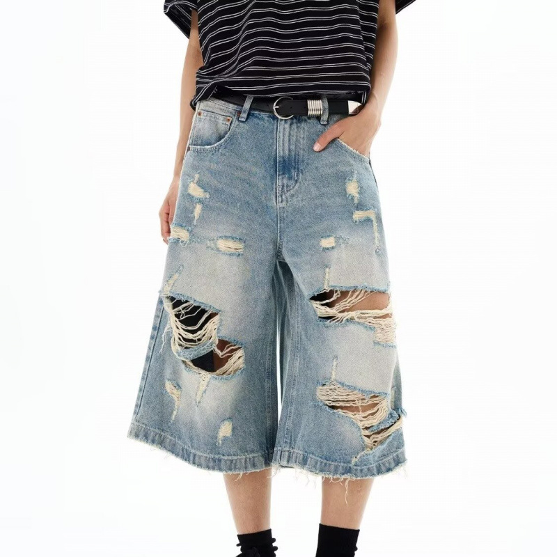 Distressed Jean Rip - กางเกงยีนส์ขาสั้นทรงหลวมสไตล์วินเทจสำหรับผู้ชายและผู้หญิง แต่งขาดๆ แบบกรันจ์ ทรงโอเวอร์ไซส์ สไตล์ Y2K