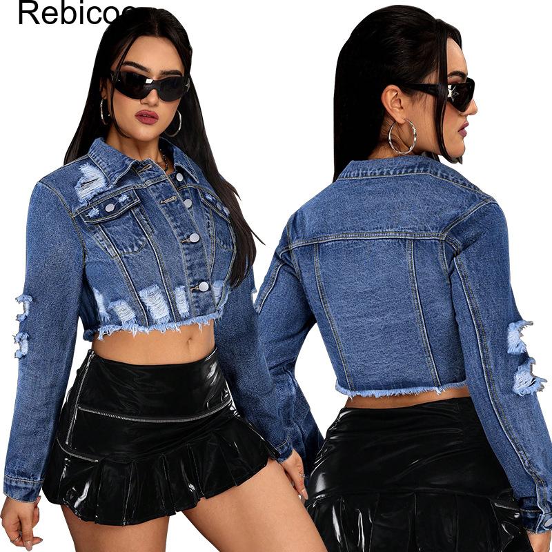 เสื้อแจ็คเก็ตยีนส์ครอปแขนยาวสำ - Distressed Jean Rip บทวิจารณ์และราคา