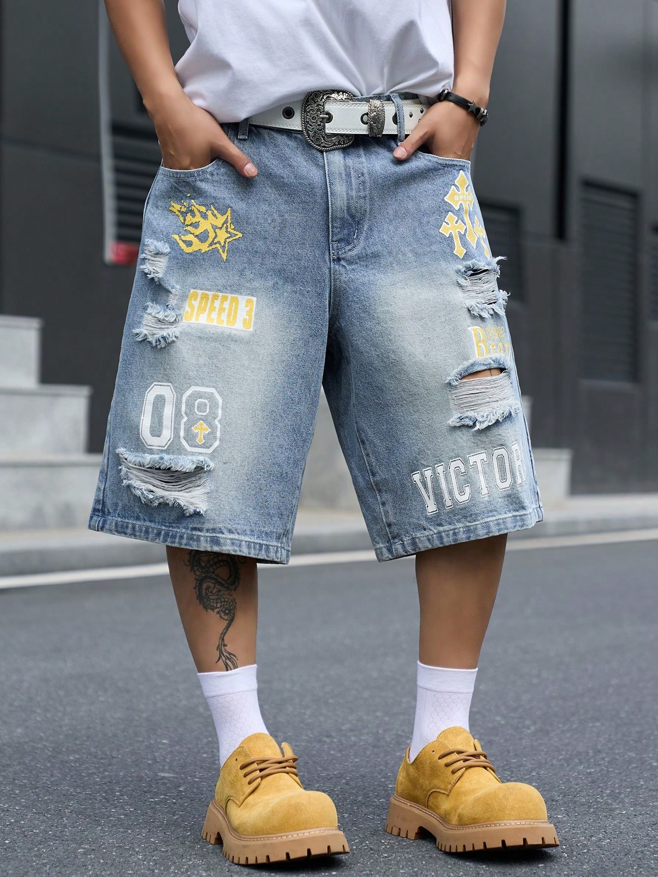 กางเกงยีนส์ขาสั้นทรงหลวมสำหรับ - Distressed Jean Rip บทวิจารณ์และราคา