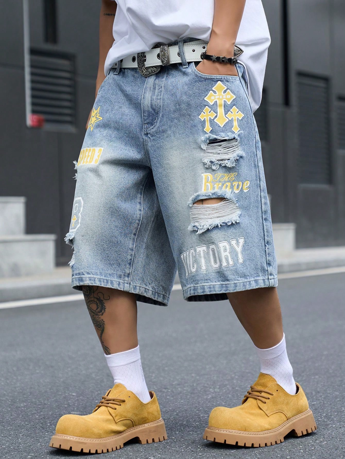 กางเกงยีนส์ขาสั้นทรงหลวมสำหรับ - Distressed Jean Rip บทวิจารณ์และราคา